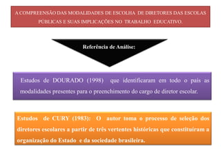 A COMPREENSÃO DAS MODALIDADES DE ESCOLHA DE DIRETORES DAS ESCOLAS
        PÚBLICAS E SUAS IMPLICAÇÕES NO TRABALHO EDUCATIVO.




                         Referência de Análise:




 Estudos de DOURADO (1998)           que identificaram em todo o país as
 modalidades presentes para o preenchimento do cargo de diretor escolar.



Estudos de CURY (1983): O autor toma o processo de seleção dos
diretores escolares a partir de três vertentes históricas que constituíram a
organização do Estado e da sociedade brasileira.
 