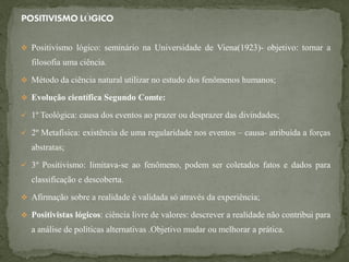  Positivismo lógico: seminário na Universidade de Viena(1923)- objetivo: tornar a
   filosofia uma ciência.

 Método da ciência natural utilizar no estudo dos fenômenos humanos;

 Evolução científica Segundo Comte:

 1º Teológica: causa dos eventos ao prazer ou desprazer das divindades;

 2º Metafísica: existência de uma regularidade nos eventos – causa- atribuída a forças
   abstratas;

 3º Positivismo: limitava-se ao fenômeno, podem ser coletados fatos e dados para
   classificação e descoberta.

 Afirmação sobre a realidade é validada só através da experiência;

 Positivistas lógicos: ciência livre de valores: descrever a realidade não contribui para
   a análise de políticas alternativas .Objetivo mudar ou melhorar a prática.
 