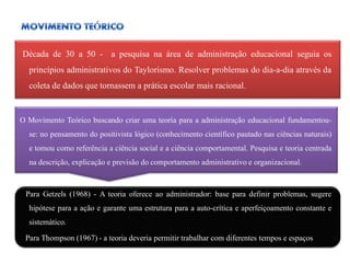 Década de 30 a 50 - a pesquisa na área de administração educacional seguia os
  princípios administrativos do Taylorismo. Resolver problemas do dia-a-dia através da
  coleta de dados que tornassem a prática escolar mais racional.


O Movimento Teórico buscando criar uma teoria para a administração educacional fundamentou-
  se: no pensamento do positivista lógico (conhecimento científico pautado nas ciências naturais)
  e tomou como referência a ciência social e a ciência comportamental. Pesquisa e teoria centrada
  na descrição, explicação e previsão do comportamento administrativo e organizacional.



 Para Getzels (1968) - A teoria oferece ao administrador: base para definir problemas, sugere
  hipótese para a ação e garante uma estrutura para a auto-crítica e aperfeiçoamento constante e
  sistemático.

 Para Thompson (1967) - a teoria deveria permitir trabalhar com diferentes tempos e espaços
 