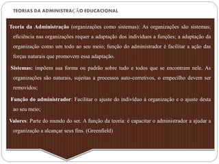TEORIAS DA ADMINISTRAÇÃO EDUCACIONAL


Teoria da Administração (organizações como sistemas): As organizações são sistemas;
 eficiência nas organizações requer a adaptação dos indivíduos a funções; a adaptação da
 organização como um todo ao seu meio; função do administrador é facilitar a ação das
 forças naturais que promovem essa adaptação.

Sistemas: impõem sua forma ou padrão sobre tudo e todos que se encontram nele. As
 organizações são naturais, sujeitas a processos auto-corretivos, o empecilho devem ser
 removidos;

Função do administrador: Facilitar o ajuste do indivíduo à organização e o ajuste desta
 ao seu meio;

Valores: Parte do mundo do ser. A função da teoria: é capacitar o administrador a ajudar a
 organização a alcançar seus fins. (Greenfield)
 