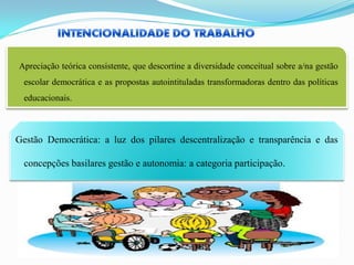 Apreciação teórica consistente, que descortine a diversidade conceitual sobre a/na gestão
 escolar democrática e as propostas autointituladas transformadoras dentro das políticas
 educacionais.



Gestão Democrática: a luz dos pilares descentralização e transparência e das

 concepções basilares gestão e autonomia: a categoria participação.
 