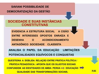 SAVIANI POSSIBILIDADE DE
DEMOCRATIZAÇÃO DA GESTÃO


SOCIEDADE E SUAS INSTÂNCIAS
      CONSTITUTIVAS
   EVIDENCIA A ESTRUTURA SOCIAL       A CISÃO
   ENTRE INTERESSES OPOSTOS ENRAÍZA E
   DESENHA        O       ACONDICIONAMENTO
   ANTAGÔNICO SOCIEDADE       CLASSISTA

 ANALISA O PAPEL DA EDUCAÇÃO              LIMITAÇÕES
 POTENCIALIDADES EQUÍVOCOS E CONQUISTAS

QUESTIONA A DÚBLIDA RELAÇÃO ENTRE PRÁTICA POLÍTICA /
 PRÁTICA PEDAGÓGICA : APONTA QUE OS SUJEITOS SOCIAIS
CONFUNDEM AS IDENTIDADES DE AMBA PERDA      EDUCAÇÃO
       QUALIDADE DAS TRANSFORMAÇÕES SOCIAIS.           P.85
 