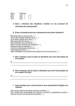 117
Aluno Professor
25% 75% = ( )
50% 50% = ( )
75% 25% = ( )
5. Qual a influencia das disciplinas cursadas no seu processo de
construção de conhecimento?
6. O que é necessário para que o desempenho dos alunos melhorem?
Mais discussão em sala de aula. ( )
Uma melhor relação professor-aluno. ( )
Uma melhor relação aluno-aluno. ( )
Mais dedicação dos alunos. ( )
Mais dedicação dos professores. ( )
Menor nível de cobrança nas avaliações. ( )
Reestruturação de conteúdos. ( )
Incentivo à participação dos alunos. ( )
Valorização dos alunos. ( )
Maior orientação aos procedimentos acadêmicos no início do curso. ( )
7. Até o momento, qual ou quais as disciplinas que você mais gostou de
ter cursado?
R.__________________________________________________________________
___________________________________________________________________
8. Até o momento, qual ou quais as disciplinas que você menos gostou de
ter cursado? Por que?
R.__________________________________________________________________
___________________________________________________________________
9. Você considera que o curso atende às suas expectativas? Explique sua
resposta.
Não. Porque algumas disciplinas deixaram a desejar. ( )
Sim. Porque teve oportunidade de conhecer os teóricos, possibilitando ampliar a
visão de mundo e a importância do educador. ( )
 