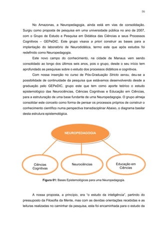 16
No Amazonas, a Neuropedagogia, ainda está em vias de consolidação.
Surgiu como proposta de pesquisa em uma universidade pública no ano de 2007,
com o Grupo de Estudo e Pesquisa em Didática das Ciências e seus Processos
Cognitivos – GEPeDIC. Este grupo visava a priori construir as bases para a
implantação do laboratório de Neurodidática, termo este que após estudos foi
redefinido como Neuropedagogia.
Este novo campo do conhecimento, na cidade de Manaus vem sendo
consolidado ao longo dos últimos seis anos, pois o grupo, desde o seu início tem
aprofundado as pesquisas sobre o estudo dos processos didáticos e cognitivos.
Com nossa inserção no curso de Pós-Graduação Stricto sensu, deu-se a
possibilidade de continuidade da pesquisa que estávamos desenvolvendo desde a
graduação pelo GEPeDIC, grupo este que tem como aporte teórico o estudo
epistemológico das Neurociências, Ciências Cognitivas e Educação em Ciências,
para a estruturação de uma base fundante de uma Neuropedagogia. O grupo almeja
consolidar este conceito como forma de pensar os processos próprios de construir o
conhecimento científico numa perspectiva transdisciplinar Abaixo, o diagrama basilar
desta estrutura epistemológica.
Figura 01: Bases Epistemológicas para uma Neuropedagogia.
A nossa proposta, a princípio, era “o estudo da inteligência”, partindo do
pressuposto da Filosofia da Mente, mas com as devidas orientações recebidas e as
leituras realizadas no caminhar da pesquisa, esta foi encaminhada para o estudo da
Neurociências
NEUROPEDAGOGIA
Ciências
Cognitivas
Educação em
Ciências
 
