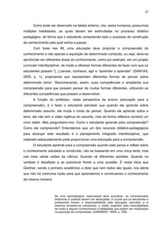43
Como pode ser observado na tabela anterior, nós, seres humanos, possuímos
múltiplas habilidades, as quais devem ser estimuladas no processo didático
pedagógico, de forma que o estudante compreenda todo o processo de construção
de conhecimento pelo qual venha a passar.
Com base nas IM, uma educação deve propiciar a compreensão do
conhecimento e não apenas a aquisição de determinado conteúdo, ou seja, deve-se
aprofundar em diferentes áreas do conhecimento, como por exemplo, em um projeto
curricular interdisciplinar, de modo a oferecer formas diferentes de fazer com que os
estudantes possam “[...] pensar, conhecer, agir e “aprender a aprender” (DANTAS,
2005, p. 1), propiciando que representem diferentes formas de pensar sobre
determinado tema”. Reconhecendo, assim, suas competências e ampliando sua
compreensão para que possam pensar de muitas formas diferentes, utilizando as
diferentes competências que possam a desenvolver.
A função do professor, nesta perspectiva de ensino (educação para a
compreensão), é o fazer o estudante perceber que quando ele aprende sobre
determinado assunto, ele muda o modo de pensar. Quando ele aprende sobre a
terra, ele não tem a visão ingênua do assunto, mas de forma reflexiva constrói um
novo saber. Mas perguntamo-nos: Como o estudante aprende para compreensão?
Como ele compreende? Entendemos que um dos recursos didático-pedagógicos
para alcançar este resultado é o planejamento Integrado interdisciplinar, que
realizado adequadamente pode proporcionar uma educação para a compreensão.
O estudante aprende para a compreensão quando este pensa e reflete sobre
o conhecimento estudado e construído, não se baseando em uma única lente, mas
nas mais várias visões da ciência. Quando vê diferentes opiniões. Quando na
verdade é desafiado a se posicionar frente a uma questão. É nesta ótica que
Gardner, sendo o primeiro acadêmico a dizer que nem todos são iguais, nos alerta
que não há nenhuma razão para que aprendamos e construamos o conhecimento
da mesma maneira.
Se uma aprendizagem responsável deve acontecer, se compreensões
dinâmicas e criativas devem ser alcançadas, é crucial que os estudantes e
professores tomem a responsabilidade pela educação, permitam a si
mesmos tornarem-se vulneráveis, e, então, explorem esta vulnerabilidade
de modo a adquirir conhecimento e habilidades que podem ser mobilizados
na aquisição da compreensão. (GARDNER, 1994b, p. 209)
 