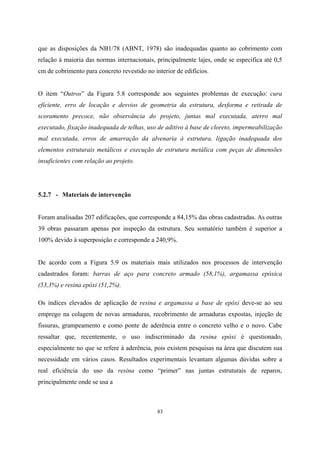 83
que as disposições da NB1/78 (ABNT, 1978) são inadequadas quanto ao cobrimento com
relação à maioria das normas internacionais, principalmente lajes, onde se especifica até 0,5
cm de cobrimento para concreto revestido no interior de edifícios.
O item “Outros” da Figura 5.8 corresponde aos seguintes problemas de execução: cura
eficiente, erro de locação e desvios de geometria da estrutura, desforma e retirada de
scoramento precoce, não observância do projeto, juntas mal executada, aterro mal
executado, fixação inadequada de telhas, uso de aditivo à base de cloreto, impermeabilização
mal executada, erros de amarração da alvenaria à estrutura, ligação inadequada dos
elementos estruturais metálicos e execução de estrutura metálica com peças de dimensões
insuficientes com relação ao projeto.
5.2.7 - Materiais de intervenção
Foram analisadas 207 edificações, que corresponde a 84,15% das obras cadastradas. As outras
39 obras passaram apenas por inspeção da estrutura. Seu somatório também é superior a
100% devido à superposição e corresponde a 240,9%.
De acordo com a Figura 5.9 os materiais mais utilizados nos processos de intervenção
cadastrados foram: barras de aço para concreto armado (58,1%), argamassa epóxica
(53,3%) e resina epóxi (51,2%).
Os índices elevados de aplicação de resina e argamassa a base de epóxi deve-se ao seu
emprego na colagem de novas armaduras, recobrimento de armaduras expostas, injeção de
fissuras, grampeamento e como ponte de aderência entre o concreto velho e o novo. Cabe
ressaltar que, recentemente, o uso indiscriminado da resina epóxi é questionado,
especialmente no que se refere à aderência, pois existem pesquisas na área que discutem sua
necessidade em vários casos. Resultados experimentais levantam algumas dúvidas sobre a
real eficiência do uso da resina como “primer” nas juntas estruturais de reparos,
principalmente onde se usa a
 
