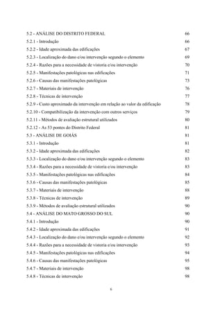 6
5.2 - ANÁLISE DO DISTRITO FEDERAL 66
5.2.1 - Introdução 66
5.2.2 - Idade aproximada das edificações 67
5.2.3 - Localização do dano e/ou intervenção segundo o elemento 69
5.2.4 - Razões para a necessidade de vistoria e/ou intervenção 70
5.2.5 - Manifestações patológicas nas edificações 71
5.2.6 - Causas das manifestações patológicas 73
5.2.7 - Materiais de intervenção 76
5.2.8 - Técnicas de intervenção 77
5.2.9 - Custo aproximado da intervenção em relação ao valor da edificação 78
5.2.10 - Compatibilização da intervenção com outros serviços 79
5.2.11 - Métodos de avaliação estrutural utilizados 80
5.2.12 - As 53 pontes do Distrito Federal 81
5.3 - ANÁLISE DE GOIÁS 81
5.3.1 - Introdução 81
5.3.2 - Idade aproximada das edificações 82
5.3.3 - Localização do dano e/ou intervenção segundo o elemento 83
5.3.4 - Razões para a necessidade de vistoria e/ou intervenção 83
5.3.5 - Manifestações patológicas nas edificações 84
5.3.6 - Causas das manifestações patológicas 85
5.3.7 - Materiais de intervenção 88
5.3.8 - Técnicas de intervenção 89
5.3.9 - Métodos de avaliação estrutural utilizados 90
5.4 - ANÁLISE DO MATO GROSSO DO SUL 90
5.4.1 - Introdução 90
5.4.2 - Idade aproximada das edificações 91
5.4.3 - Localização do dano e/ou intervenção segundo o elemento 92
5.4.4 - Razões para a necessidade de vistoria e/ou intervenção 93
5.4.5 - Manifestações patológicas nas edificações 94
5.4.6 - Causas das manifestações patológicas 95
5.4.7 - Materiais de intervenção 98
5.4.8 - Técnicas de intervenção 98
 