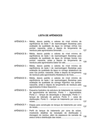 LISTA DE APÊNDICES
APÊNDICE A – Média, desvio padrão e valores do nível mínimo de
significância do teste T de reamostragem Bootstrap para
avaliação da qualidade da água no córrego vinhos nos
pontos: nascente, antes e depois do lançamento de
resíduos pela agroindústria Simonetti.................................... 127
APÊNDICE B – Média, desvio padrão e valores do nível mínimo de
significância do teste t de reamostragem Bootstrap para
avaliação da qualidade da água do córrego licores nos
pontos: nascente, antes e depois do lançamento de
resíduos pela agroindústria Sabor do vale.............................. 129
APÊNDICE C – Média, desvio padrão e valores do nível mínimo de
significância do teste t de reamostragem Bootstrap para
avaliação da qualidade da água no córrego abatedouro de
aves nos pontos: nascente, antes e depois do lançamento
de resíduos pela agroindústria Abatedouro de Aves.............. 132
APÊNDICE D – Média, desvio padrão e valores do nível mínimo de
significância do teste t de reamostragem Bootstrap para
avaliação da qualidade do córrego frigorífico nos pontos:
nascente, antes e depois do lançamento de resíduos pela
agroindústria Irmãos Giacomini.............................................. 134
APÊNDICE E – Esquema ilustrativo da estrutura de tratamento de resíduos
de agroindústria de laticínios. Ponto 1 – Agroindústria;
Ponto 2 – tanque de decantação e deposição; Ponto 3 –
tanque de retenção de gordura; Ponto 4 – caixa de
distribuição; Ponto 5 – tanque de tratamento por zona de
raízes..................................................................................... 137
APÊNDICE F – Etapas para construção do tanque de tratamento por zona
de raízes................................................................................. 137
APÊNDICE G – Perfil do tanque de tratamento por zona de raízes,
mostrando detalhes da tubulação de distribuição e
drenagem do resíduo, além da espessura da camada de
areia e brita e distribuição das raízes.................................... 138

 