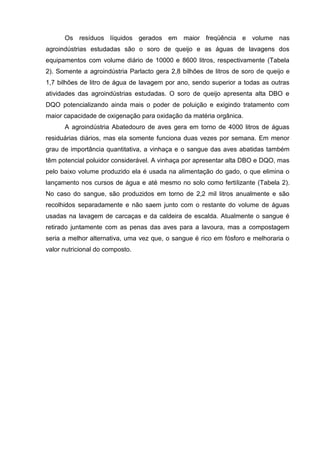 Os resíduos líquidos gerados em maior freqüência e volume nas
agroindústrias estudadas são o soro de queijo e as águas de lavagens dos
equipamentos com volume diário de 10000 e 8600 litros, respectivamente (Tabela
2). Somente a agroindústria Parlacto gera 2,8 bilhões de litros de soro de queijo e
1,7 bilhões de litro de água de lavagem por ano, sendo superior a todas as outras
atividades das agroindústrias estudadas. O soro de queijo apresenta alta DBO e
DQO potencializando ainda mais o poder de poluição e exigindo tratamento com
maior capacidade de oxigenação para oxidação da matéria orgânica.
A agroindústria Abatedouro de aves gera em torno de 4000 litros de águas
residuárias diários, mas ela somente funciona duas vezes por semana. Em menor
grau de importância quantitativa, a vinhaça e o sangue das aves abatidas também
têm potencial poluidor considerável. A vinhaça por apresentar alta DBO e DQO, mas
pelo baixo volume produzido ela é usada na alimentação do gado, o que elimina o
lançamento nos cursos de água e até mesmo no solo como fertilizante (Tabela 2).
No caso do sangue, são produzidos em torno de 2,2 mil litros anualmente e são
recolhidos separadamente e não saem junto com o restante do volume de águas
usadas na lavagem de carcaças e da caldeira de escalda. Atualmente o sangue é
retirado juntamente com as penas das aves para a lavoura, mas a compostagem
seria a melhor alternativa, uma vez que, o sangue é rico em fósforo e melhoraria o
valor nutricional do composto.

 
