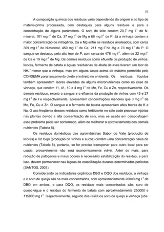 53
A composição química dos resíduos varia dependendo da origem e do tipo de
matéria-prima processada, com destaques para alguns resíduos e para a
concentração de alguns parâmetros. O soro de leite contem 20,7 mg l-1 de Nmineral, 101 mg l-1 de Ca, 37 mg l-1 de Mg e 66 mg l-1 de P. Já a vinhaça contem a
maior concentração de nitrogênio, Ca e Mg entre os resíduos analisados, com cerca
369 mg l-1 de N-mineral, 450 mg l-1 de Ca, 211 mg l-1de Mg e 73 mg l-1 de P. O
sangue se destacou pelo alto teor de P, com cerca de 476 mg l -1, além de 22 mg l-1
de Ca e 19 mg l-1 de Mg. Os demais resíduos como efluente de produção de vinhos,
licores, fermento de batata e águas residuárias de abate de aves tiveram um teor de
NH4+ menor que a vinhaça, mas em alguns casos acima do máximo permitido pelo
CONSEMA para lançamento direto e indireto no ambiente. Os

resíduos

líquidos

também apresentam teores elevados de alguns micronutrientes como no caso da
vinhaça, que contém 11, 41, 10 e 4 mg l-1 de Mn, Fe, Cu e Zn, respectivamente. Os
demais resíduos, exceto o sangue e o efluente da produção de vinhos com 45 e 27
mg l-1 de Fe respectivamente, apresentam concentrações menores que 3 mg l -1 de
Mn, Fe, Cu e Zn. O sangue e o fermento de batata apresentam altos teores de K e
Na. O uso freqüente desses resíduos como fertilizante no solo pode provocar injúrias
nas plantas devido a alta concentração de sais, mas se usado em compostagem
esse problema pode ser contornado, além de melhorar o aproveitamento dos demais
nutrientes (Tabela 5).
Os resíduos domésticos das agroindústrias Sabor do Vale (produção de
licores) e Vô Bepi (produção de vinhos e sucos) contêm uma concentração baixa de
nutrientes (Tabela 5), portanto, se for preciso transportar para outro local para ser
usado, provavelmente não será economicamente viável. Além do mais, para
redução de patógenos e maus odores é necessário estabilização do resíduo, e para
isso, devem permanecer nas lagoas de estabilização durante determinados períodos
(SANTOS, 2003).
Considerando os indicadores orgânicos DBO e DQO dos resíduos, a vinhaça
e o soro de queijo são os mais concentrados, com aproximadamente 20000 mg l -1 de
DBO em ambos, e para DQO, os resíduos mais concentrados são: soro de
queijo+água e o resíduo do fermento de batata com aproximadamente 250000 e
115000 mg l-1 respectivamente, seguido dos resíduos soro de queijo e vinhaça (obs:

 