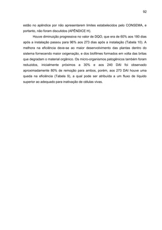 92

estão no apêndice por não apresentarem limites estabelecidos pelo CONSEMA, e
portanto, não foram discutidos (APÊNDICE H).
Houve diminuição progressiva no valor de DQO, que era de 60% aos 180 dias
após a instalação passou para 96% aos 273 dias após a instalação (Tabela 10). A
melhora na eficiência deve-se ao maior desenvolvimento das plantas dentro do
sistema fornecendo maior oxigenação, e dos biofilmes formados em volta das britas
que degradam o material orgânico. Os micro-organismos patogênicos também foram
reduzidos,

inicialmente

próximos a

30%

e

aos 240

DAI

foi observado

aproximadamente 80% de remoção para ambos, porém, aos 273 DAI houve uma
queda na eficiência (Tabela 9), a qual pode ser atribuída a um fluxo de líquido
superior ao adequado para inativação de células vivas.

 