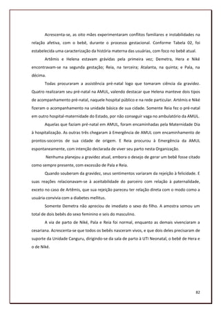 Acrescenta-se, as oito mães experimentaram conflitos familiares e instabilidades na
relação afetiva, com o bebê, durante o processo gestacional. Conforme Tabela 02, foi
estabelecida uma caracterização da história materna das usuárias, com foco no bebê atual.
       Artêmis e Helena estavam grávidas pela primeira vez; Demetra, Hera e Niké
encontravam-se na segunda gestação; Reia, na terceira; Atalanta, na quinta; e Pala, na
décima.
       Todas procuraram a assistência pré-natal logo que tomaram ciência da gravidez.
Quatro realizaram seu pré-natal na AMUL, valendo destacar que Helena manteve dois tipos
de acompanhamento pré-natal, naquele hospital público e na rede particular. Artémis e Niké
fizeram o acompanhamento na unidade básica de sua cidade. Somente Reia fez o pré-natal
em outro hospital-maternidade do Estado, por não conseguir vaga no ambulatório da AMUL.
       Aquelas que faziam pré-natal em AMUL, foram encaminhadas pela Maternidade Dia
à hospitalização. As outras três chegaram à Emergência de AMUL com encaminhamento de
prontos-socorros de sua cidade de origem. E Reia procurou à Emergência da AMUL
espontaneamente, com intenção declarada de viver seu parto nesta Organização.
       Nenhuma planejou a gravidez atual, embora o desejo de gerar um bebê fosse citado
como sempre presente, com excessão de Pala e Reia.
       Quando souberam da gravidez, seus sentimentos variaram da rejeição à felicidade. E
suas reações relacionavam-se à aceitabilidade do parceiro com relação à paternalidade,
exceto no caso de Artêmis, que sua rejeição pareceu ter relação direta com o modo como a
usuária convivia com a diabetes mellitus.
       Somente Demetra não apreciou de imediato o sexo do filho. A amostra somou um
total de dois bebês do sexo feminino e seis do masculino.
       A via de parto de Niké, Pala e Reia foi normal, enquanto as demais vivenciaram a
cesariana. Acrescenta-se que todos os bebês nasceram vivos, e que dois deles precisaram de
suporte da Unidade Canguru, dirigindo-se da sala de parto à UTI Neonatal, o bebê de Hera e
o de Niké.




                                                                                        82
 