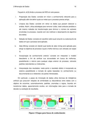2 Mineração de Dados                                                                      16


        Fayyad et. al [4] divide o processo de KDD em seis passos:

  i.     Preparação dos Dados: consiste em incluir o conhecimento relevante para a
         aplicação além de definir quais as metas que o processo precisa atingir.

  ii.    Limpeza dos Dados: consiste em retirar os dados que possam distorcer a
         análise. Assim, utiliza estratégias para remover ruídos, tratar atributos perdidos e
         até mesmo métodos de transformação para diminuir o número de variáveis
         envolvidas no processo, visando com isto melhorar o desempenho do algoritmo
         de análise.

 iii.    Seleção de Dados: consiste em escolher sobre qual conjunto ou subconjunto de
         dados em que o processo será aplicado.

 iv.     Data Mining: consiste em decidir qual tarefa de data mining será aplicada para
         atingir os objetivos do processo e qual a melhor técnica a ser utilizada (ver seção
         3).

  v.     Incorporação do conhecimento anterior: consiste em interpretar o modelo
         descoberto a fim de verificar sua acuracidade em busca de melhorias,
         possibilitando o retorno para qualquer etapa anterior do processo, retirando
         padrões redundantes ou irrelevantes.

 vi.     Interpretação dos resultados: neste ponto o resultado obtido é incorporado ao
         sistema possibilitando a tomada de ações baseadas no conhecimento ou
         documentando-os e relatando-o às partes interessadas.

        Em particular, o passo da mineração de dados utiliza técnicas de inteligência
artificial que procuram relações de similaridade ou discordância entre dados com o
objetivo de encontrar, automaticamente, padrões, anomalias e regras, focando em
transformar dados, aparentemente ocultos, em informações úteis para a tomada de
decisão ou avaliação de resultados.




                       Figura 1 Etapas para busca de conhecimento
 