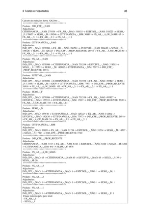 4 Testes e Resultados                                                                38


Cálculo das relações durou 32625ms ...
 ************************************
Produto : IND_CPF_-_NAO
Adjacências:
CITIFINANCIA_-_NAO: 279334 -> FX_AB_-_NAO: 310155 -> ESTCIVIL_-_NAO: 310223 -> SEXO_-
_F: 170677 -> SEXO_-_M: 139546 -> CITIFINANCIA_-_SIM: 30889 -> FX_AB_-_4_OU_MAIS: 65 ->
FX_AB_-_3: 1 -> FX_AB_-_2: 1 -> FX_AB_-_1: 1
 ************************************
Produto : CITIFINANCIA_-_NAO
Adjacências:
IND_CPF_-_NAO: 1070386 -> FX_AB_-_NAO: 286581 -> ESTCIVIL_-_NAO: 286649 -> SEXO_-_F:
158326 -> SEXO_-_M: 128323 -> IND_CPF_-_PROP_RECENTE: 26916 -> FX_AB_-_4_OU_MAIS: 65 ->
FX_AB_-_3: 1 -> FX_AB_-_2: 1 -> FX_AB_-_1: 1
 ************************************
Produto : FX_AB_-_NAO
Adjacências:
IND_CPF_-_NAO: 1070386 -> CITIFINANCIA_-_NAO: 731554 -> ESTCIVIL_-_NAO: 318315 ->
SEXO_-_F: 175513 -> SEXO_-_M: 142802 -> CITIFINANCIA_-_SIM: 77973 -> IND_CPF_-
_PROP_RECENTE: 26916
 ************************************
Produto : ESTCIVIL_-_NAO
Adjacências:
IND_CPF_-_NAO: 1070386 -> CITIFINANCIA_-_NAO: 731554 -> FX_AB_-_NAO: 493827 -> SEXO_-
_F: 175553 -> SEXO_-_M: 142830 -> CITIFINANCIA_-_SIM: 77973 -> IND_CPF_-_PROP_RECENTE:
26916 -> FX_AB_-_4_OU_MAIS: 103 -> FX_AB_-_3: 1 -> FX_AB_-_2: 1 -> FX_AB_-_1: 1
 ************************************
Produto : SEXO_-_F
Adjacências:
IND_CPF_-_NAO: 1070386 -> CITIFINANCIA_-_NAO: 731554 -> FX_AB_-_NAO: 493827 ->
ESTCIVIL_-_NAO: 175553 -> CITIFINANCIA_-_SIM: 17227 -> IND_CPF_-_PROP_RECENTE: 5720 ->
FX_AB_-_4_OU_MAIS: 103 -> FX_AB_-_1: 1
 ************************************
Produto : SEXO_-_M
Adjacências:
IND_CPF_-_NAO: 139546 -> CITIFINANCIA_-_NAO: 128323 -> FX_AB_-_NAO: 142802 ->
ESTCIVIL_-_NAO: 142830 -> CITIFINANCIA_-_SIM: 77973 -> IND_CPF_-_PROP_RECENTE: 26916 -
> FX_AB_-_4_OU_MAIS: 26 -> FX_AB_-_3: 1 -> FX_AB_-_2: 1
 ************************************
Produto : CITIFINANCIA_-_SIM
Adjacências:
IND_CPF_-_NAO: 30889 -> FX_AB_-_NAO: 31734 -> ESTCIVIL_-_NAO: 31734 -> SEXO_-_M: 14507 -
> SEXO_-_F: 17227 -> IND_CPF_-_PROP_RECENTE: 5720
 ************************************
Produto : IND_CPF_-_PROP_RECENTE
Adjacências:
CITIFINANCIA_-_NAO: 7315 -> FX_AB_-_NAO: 8160 -> ESTCIVIL_-_NAO: 8160 -> SEXO_-_M: 3284
-> CITIFINANCIA_-_SIM: 845 -> SEXO_-_F: 4876
 ************************************
Produto : FX_AB_-_4_OU_MAIS
Adjacências:
IND_CPF_-_NAO: 65 -> CITIFINANCIA_-_NAO: 65 -> ESTCIVIL_-_NAO: 65 -> SEXO_-_F: 39 ->
SEXO_-_M: 26
 ************************************
Produto : FX_AB_-_3
Adjacências:
IND_CPF_-_NAO: 1 -> CITIFINANCIA_-_NAO: 1 -> ESTCIVIL_-_NAO: 1 -> SEXO_-_M: 1
 ************************************
Produto : FX_AB_-_2
Adjacências:
IND_CPF_-_NAO: 1 -> CITIFINANCIA_-_NAO: 1 -> ESTCIVIL_-_NAO: 1 -> SEXO_-_M: 1
 ************************************
Produto : FX_AB_-_1
Adjacências:
IND_CPF_-_NAO: 1 -> CITIFINANCIA_-_NAO: 1 -> ESTCIVIL_-_NAO: 1 -> SEXO_-_F: 1
 Clique máxima pelo peso total:
 - FX_AB_-_1
 - SEXO_-_F
 