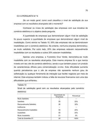70

   5.9 A PERGUNTA N.º 9

            De um modo geral, como você classifica o nível de satisfação da sua
empresa com os resultados alcançados até o momento?

            Conhecer os níveis de satisfação das empresas com sua iniciativa de
comércio eletrônico é o objetivo desta pergunta.

            A quantidade de empresas que demonstraram algum nível de satisfação
foi pouco superior à quantidade de empresas que demonstraram algum nível de
insatisfação. Como vemos na Tabela 10, 55% das empresas não se demonstraram
insatisfeitas com o comércio eletrônico. No entanto, nenhuma empresa demonstrou-
se muito satisfeita. Por outro lado, 20% das empresas estavam razoavelmente
insatisfeitas com os resultados e outros 20% estavam insatisfeitas.

            Apenas uma empresa, a Funerária Cruz Verde, demonstrou-se muito
insatisfeita com os resultados alcançados. Esta mesma empresa foi a que menos
investiu em seu site de comércio eletrônico, sendo a que também possui um produto
de características difíceis para comercialização on-line. Esta dificuldade aumenta
quando percebemos que o site da empresa não apresenta nenhum grau de
sofisticação ou qualquer ferramenta de interação que facilite negócios por meio da
internet. Esta empresa também indicou a falta de recursos financeiros com uma das
dificuldades que enfrentou.

    Tabela 10
    Nível de satisfação geral com os resultados alcançados pelo comércio
    eletrônico
                                              Quantidade de
                                                                      Percentual
                                               Empresas
    Muito Satisfeito                                –                     –
    Satisfeito                                     05                   25%
    Razoavelmente Satisfeito                       06                   30%
    Indiferente                                     –                     –
    Razoavelmente Insatisfeito                     04                   20%
    Insatisfeito                                   04                   20%
    Muito Insatisfeito                             01                    5%
    Total de Questões 07                           20                   100%
 
