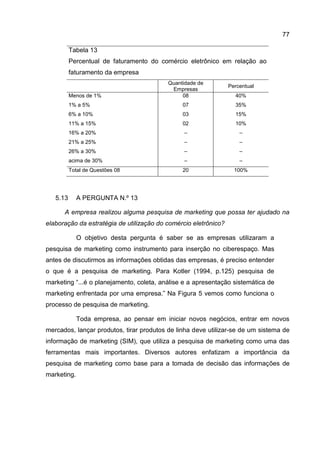 77

          Tabela 13
          Percentual de faturamento do comércio eletrônico em relação ao
          faturamento da empresa
                                          Quantidade de
                                                                 Percentual
                                           Empresas
          Menos de 1%                          08                  40%
          1% a 5%                              07                  35%
          6% a 10%                             03                  15%
          11% a 15%                            02                  10%
          16% a 20%                             –                    –
          21% a 25%                             –                    –
          26% a 30%                             –                    –
          acima de 30%                          –                    –
          Total de Questões 08                 20                  100%




   5.13      A PERGUNTA N.º 13

      A empresa realizou alguma pesquisa de marketing que possa ter ajudado na
elaboração da estratégia de utilização do comércio eletrônico?

             O objetivo desta pergunta é saber se as empresas utilizaram a
pesquisa de marketing como instrumento para inserção no ciberespaço. Mas
antes de discutirmos as informações obtidas das empresas, é preciso entender
o que é a pesquisa de marketing. Para Kotler (1994, p.125) pesquisa de
marketing “...é o planejamento, coleta, análise e a apresentação sistemática de
marketing enfrentada por uma empresa.” Na Figura 5 vemos como funciona o
processo de pesquisa de marketing.

             Toda empresa, ao pensar em iniciar novos negócios, entrar em novos
mercados, lançar produtos, tirar produtos de linha deve utilizar-se de um sistema de
informação de marketing (SIM), que utiliza a pesquisa de marketing como uma das
ferramentas mais importantes. Diversos autores enfatizam a importância da
pesquisa de marketing como base para a tomada de decisão das informações de
marketing.
 
