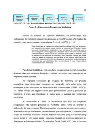 78




Fonte: KOTLER, Phillip. Administração de Marketing. São Paulo: Atlas, 1994. P. 127

                    Figura 5 – Processo de Pesquisa de Marketing



            Mesmo se tratando do comércio eletrônico, há necessidade dos
profissionais de marketing utilizarem da pesquisa, a importância das informações de
marketing para as empresas é ressaltada por Churchill, Jr (2001, p. 116):

                        Os profissionais de marketing precisam de informações sobre seu ambiente,
                        em especial informações sobre clientes e concorrentes. Precisam saber
                        como os mercados-alvo respondem a um composto de marketing atual e
                        como reagiriam a mudanças nele. Precisam saber como os concorrentes
                        estão-se saindo e prever o que eles planejam fazer no futuro. Por isso, eles
                        se voltam para a pesquisa de marketing a fim de obter informações sobre
                        todas as áreas do marketing, em especial a sua própria participação de
                        mercado e a dos concorrentes, o potencial de mercado de produtos atuais e
                        potenciais ou características dos consumidores e das organizações
                        existentes em seus mercados.



            Para Edwards (2000, p. 123), não fazer uma pesquisa de marketing antes
de desenvolver sua estratégia de comércio eletrônico é um dos maiores erros que as
empresas podem cometer.

            As empresas necessitam de pesquisa de marketing por pressão
competitiva, para desenvolver mercados em expansão, para evitar erros nas
estratégias e para atenderem as expectativas dos consumidores (ETZEL; 2001, p.
76). Neste sentido, um negócio on-line pode perfeitamente utilizar a pesquisa de
marketing. É mais que importante, é crucial para o sucesso das estratégias
escolhidas.

            Ao analisarmos a Tabela 14, observamos que 75% das empresas
pesquisadas não fizeram pesquisa de marketing como forma de orientar a
elaboração de sua estratégia. Consideramos isto um grande erro das empresas e,
analisando mais profundamente, um dos fatores que mais pode ter contribuído para
a falta de melhores resultados. Mesmo sabendo que uma pesquisa de marketing
requer tempo e – em muitos casos – recursos elevados, as empresas poderiam ter
tido acesso a dados secundários. Como explica Ferrell (2000, p.55), “eles podem ser
 