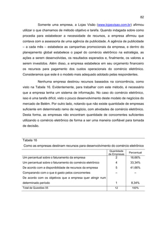 82

            Somente uma empresa, a Lojas Visão (www.lojasvisao.com.br) afirmou
utilizar o que chamamos de método objetivo e tarefa. Quando indagada sobre como
procedia para estabelecer a necessidade de recursos, a empresa afirmou que
contava com a assessoria de uma agência de publicidade. A agência de publicidade
– a cada mês – estabelece as campanhas promocionais da empresa, e dentro do
planejamento global estabelece o papel do comércio eletrônico na estratégia, as
ações a serem desenvolvidas, os resultados esperados e, finalmente, os valores a
serem investidos. Além disso, a empresa estabelece em seu orçamento financeiro
os recursos para pagamento dos custos operacionais do comércio eletrônico.
Consideramos que este é o modelo mais adequado adotado pelas respondentes.

            Nenhuma empresa destinou recursos baseados na concorrência, como
visto na Tabela 16. Evidentemente, para trabalhar com este método, é necessário
que a empresa tenha um sistema de informação. No caso do comércio eletrônico,
isso é uma tarefa difícil, visto o pouco desenvolvimento deste modelo de negócios do
mercado de Belém. Por outro lado, notando que não existe quantidade de empresas
suficiente em determinado ramo de negócio, com atividades de comércio eletrônico.
Desta forma, as empresas não encontram quantidade de concorrentes suficientes
utilizando o comércio eletrônico de forma a ser uma maneira confiável para tomada
de decisão.



Tabela 16
Como as empresas destinam recursos para desenvolvimento do comércio eletrônico
                                                             Quantidade
                                                                          Percentual
                                                            de Empresas
Um percentual sobre o faturamento da empresa                    2          16,66%
Um percentual sobre o faturamento do comércio eletrônico        4          33,34%
De acordo com a disponibilidade de recursos da empresa          5          41,66%
Comparando com o que é gasto pelos concorrentes                 –             –
De acordo com os objetivos que a empresa quer atingir num
determinado período                                             1          8,34%
Total de Questões 05                                            12          100%
 