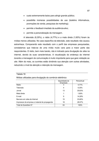 87

               custo extremamente baixo para atingir grande público;

               possibilita inúmeras possibilidades de uso (boletins informativos,
                promoções de venda, pesquisas de marketing);

               permite o feedback imediato da audiência-alvo;

               permite a personalização da mensagem.

           A televisão (6,35%), o rádio (4,77%) e a mala direta (1,60%) foram às
mídias menos utilizadas. No caso específico da televisão, este resultado não causou
estranheza. Comparando este resultado com o perfil das empresas pesquisadas,
constatamos que trata-se de uma mídia muito cara para a maior parte das
respondentes. O rádio, bem mais barato, não é indicado para divulgação de sites na
internet, devido às suas características. A visualização do endereço da internet
durante a mensagem de comunicação é muito importante para que gere visitação ao
site. Além do mais, os ouvintes estão dividindo sua atenção com outras atividades,
reduzindo o nível de atenção e retenção da mensagem.



  Tabela 18
  Mídias utilizadas para divulgação do comércio eletrônico
                                                  Quantidade de         Percentual
                                                   Empresas
  Rádio                                                 3                 4,77%
  Televisão                                             4                 6,35%
  Jornal                                                13               20,63%
  Mala direta                                           1                 1,60%
  E-mail                                                9                14,28%
  Banners em sites da Internet                          15               23,80%
  Impressos da empresa e material de propaganda         18               28,57%
  Total de Questões 07                                  63                100%
 