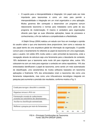 •   O suporte para a interoperabilidade e integração: Um papel cada vez mais
          importante    para    taxonomias      é   como   um   meio   para   permitir   a
          interoperabilidade e integração em um nível organizativo e uma aplicação.
          Muitos governos têm começado a desenvolver um programa comum
          relacionando taxonomia e normas para metadados como parte de seu
          programa de modernização. O mesmo é verdadeiro para organizações
          olhando para ligar as suas diferentes aplicações, bases de processos e
          conhecimentos, a fim de melhorar a competitividade e a flexibilidade.

          A Delphi Group (2004) realizou um estudo com foco em investigar a opinião
do usuário sobre o que uma taxonomia deve proporcionar, bem como a natureza do
seu papel dentro de uma arquitetura global de informação da organização. A questão
comum para o levantamento foi referente ao papel da taxonomia em uma organização,
para o usuário. Um sólido 40% incidiu sobre o valor primordial da taxonomia, onde a
navegação através da estrutura seja uma ferramenta para a descoberta de conteúdo;
18% declararam que a taxonomia seria muito útil para organizar sites, outros 16%
colocaram-na com um meio para organizar o conteúdo em vários repositórios. 14% dos
entrevistados identificaram o papel de taxonomia, como sendo um meio automatizado
de classificação, uma característica de muitos softwares baseados em taxonomia
aplicações e finalmente 12% dos entrevistados viram a taxonomia não como uma
ferramenta independente, mas como uma infra-estrutura tecnológica integrada em
pesquisa para aumentar a precisão dos resultados, conforme mostra a Fig. 5.



Usada para navegar e descobrir o conteúdo.

Organizar intranet e Web site

Estruturação cruzada do conhecimento
existente nos repositórios dos departamentos.
Auxiliar na classificação automatizada.

Melhorar a pesquisa por meio de ferramentas.



                     FIG 4 – Principais Contribuições da Taxonomia.
                             Fonte: DELPHI GROUP (2004).
                                                                                         50
 