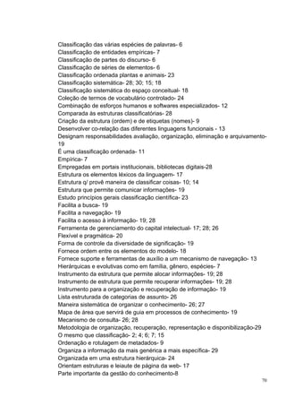 Classificação das várias espécies de palavras- 6
Classificação de entidades empíricas- 7
Classificação de partes do discurso- 6
Classificação de séries de elementos- 6
Classificação ordenada plantas e animais- 23
Classificação sistemática- 28; 30; 15; 18
Classificação sistemática do espaço conceitual- 18
Coleção de termos de vocabulário controlado- 24
Combinação de esforços humanos e softwares especializados- 12
Comparada às estruturas classificatórias- 28
Criação da estrutura (ordem) e de etiquetas (nomes)- 9
Desenvolver co-relação das diferentes linguagens funcionais - 13
Designam responsabilidades avaliação, organização, eliminação e arquivamento-
19
É uma classificação ordenada- 11
Empírica- 7
Empregadas em portais institucionais, bibliotecas digitais-28
Estrutura os elementos léxicos da linguagem- 17
Estrutura q/ provê maneira de classificar coisas- 10; 14
Estrutura que permite comunicar informações- 19
Estudo princípios gerais classificação científica- 23
Facilita a busca- 19
Facilita a navegação- 19
Facilita o acesso à informação- 19; 28
Ferramenta de gerenciamento do capital intelectual- 17; 28; 26
Flexível e pragmática- 20
Forma de controle da diversidade de significação- 19
Fornece ordem entre os elementos do modelo- 18
Fornece suporte e ferramentas de auxílio a um mecanismo de navegação- 13
Hierárquicas e evolutivas como em família, gênero, espécies- 7
Instrumento da estrutura que permite alocar informações- 19; 28
Instrumento de estrutura que permite recuperar informações- 19; 28
Instrumento para a organização e recuperação de informação- 19
Lista estruturada de categorias de assunto- 26
Maneira sistemática de organizar o conhecimento- 26; 27
Mapa de área que servirá de guia em processos de conhecimento- 19
Mecanismo de consulta- 26; 28
Metodologia de organização, recuperação, representação e disponibilização-29
O mesmo que classificação- 2; 4; 6; 7; 15
Ordenação e rotulagem de metadados- 9
Organiza a informação da mais genérica a mais específica- 29
Organizada em uma estrutura hierárquica- 24
Orientam estruturas e leiaute de página da web- 17
Parte importante da gestão do conhecimento-8
                                                                           70
 