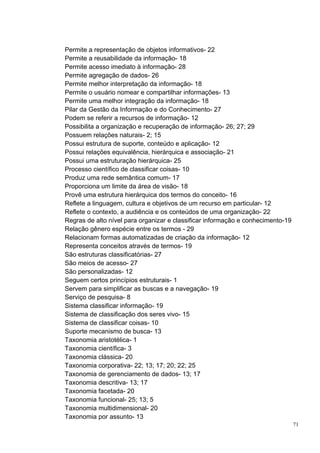 Permite a representação de objetos informativos- 22
Permite a reusabilidade da informação- 18
Permite acesso imediato à informação- 28
Permite agregação de dados- 26
Permite melhor interpretação da informação- 18
Permite o usuário nomear e compartilhar informações- 13
Permite uma melhor integração da informação- 18
Pilar da Gestão da Informação e do Conhecimento- 27
Podem se referir a recursos de informação- 12
Possibilita a organização e recuperação de informação- 26; 27; 29
Possuem relações naturais- 2; 15
Possui estrutura de suporte, conteúdo e aplicação- 12
Possui relações equivalência, hierárquica e associação- 21
Possui uma estruturação hierárquica- 25
Processo científico de classificar coisas- 10
Produz uma rede semântica comum- 17
Proporciona um limite da área de visão- 18
Provê uma estrutura hierárquica dos termos do conceito- 16
Reflete a linguagem, cultura e objetivos de um recurso em particular- 12
Reflete o contexto, a audiência e os conteúdos de uma organização- 22
Regras de alto nível para organizar e classificar informação e conhecimento-19
Relação gênero espécie entre os termos - 29
Relacionam formas automatizadas de criação da informação- 12
Representa conceitos através de termos- 19
São estruturas classificatórias- 27
São meios de acesso- 27
São personalizadas- 12
Seguem certos princípios estruturais- 1
Servem para simplificar as buscas e a navegação- 19
Serviço de pesquisa- 8
Sistema classificar informação- 19
Sistema de classificação dos seres vivo- 15
Sistema de classificar coisas- 10
Suporte mecanismo de busca- 13
Taxonomia aristotélica- 1
Taxonomia científica- 3
Taxonomia clássica- 20
Taxonomia corporativa- 22; 13; 17; 20; 22; 25
Taxonomia de gerenciamento de dados- 13; 17
Taxonomia descritiva- 13; 17
Taxonomia facetada- 20
Taxonomia funcional- 25; 13; 5
Taxonomia multidimensional- 20
Taxonomia por assunto- 13
                                                                                 71
 