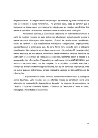 respectivamente. A categoria estrutura conseguiu estabelecer algumas características
não tão notáveis e outras reincidentes.    No primeiro caso, pode se concluir que a
taxonomia se impõe como um instrumento voltado para as relações semânticas dos
termos e conceitos, característica essa comumente abordada pelas ontologias.
          Ainda nesse contexto, a taxonomia é vista como um instrumento construído a
partir de modelos mentais, ou seja, deixa uma abordagem exclusivamente técnica e
passa para uma abordagem mais cognitiva. Quanto às características reincidentes,
essas se referem à sua característica hierárquica, categorizante, organizacional,
representacional e sistemática que, de certa forma tem conexão com a categoria
classificação. Já a categoria terminologia, que somou 12 (doze) dos 78 (setenta e oito)
termos extraídos, se auto explica, representou nesse contexto as variadas formas de se
padronizar e se controlar os vocabulários existentes, facilitando assim o acesso e a
recuperação das informações. Essa categoria, reafirmou a norma ANZI Z39 2005, que
aponta a taxonomia como um tipo complexo de vocabulário controlado, que visa o
controle da diversidade terminológica existente, não só em contextos corporativos, mas
em todo e qualquer ambiente que se faça necessário o acesso e o compartilhamento de
informações.
          O mapa conceitual abaixo mostra a representatividade de cada subcategoria
acima detalhada. Vale ressaltar que os referidos mapas se constituem como uma
alternativa de representação dos resultados da parte 1 da pesquisa, já apresentados na
Tabela 2 – Tipos de Taxonomia; Tabela 2 – Essência da Taxonomia e Tabela 4 – Usos,
Aplicações e Finalidades da Taxonomia.




                                                                                     80
 