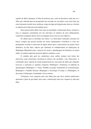 104
seguido de difícil separação. O olhar do professor que, como já discutimos, pode não ser o
olhar mais indicado para um pesquisador que investiga em sua prática e por outro lado, por
estar fortemente inserido nesse ambiente, ocupa um lugar privilegiado para observar e discutir
as rupturas provocadas por uma mudança neste.
Nesse passeio pelos dados, bem como na articulação e interlocução desses, trazemos à
tona as categorias consideradas por nós relevantes na tentativa de tecer delineamentos
condizentes à pergunta diretriz dessa investigação assim como aos seus objetivos.
Os olhares para as atividades dos alunos e as observações realizadas consistem em
buscar vestígios que possam auxiliar nos nossos apontamentos. Considerar as vozes dos
participantes, focando as entrevistas de alguns alunos após o encerramento do projeto, busca
identificar, na fala deles, indícios que culminam no estabelecimento de implicações da
Modelagem Matemática para o processo de ensino e aprendizagem da Estatística no ensino
médio. As minhas impressões possuem objetivos análogos a estes.
O caminho pelo qual nos conduzimos nessa análise instigou uma leitura das
entrevistas (cujas transcrições encontram-se anexas), das atividades e das observações. A
constituição desse material de estudo proporcionou-nos uma gama de dados que enlaçados
levou-nos a selecionar as seguintes categorias: Modelagem e Estatística; O ambiente de
aprendizagem; Modelagem e o Tema; Trabalho em grupo; Instrumento de conscientização;
Modelagem e Trabalho Docente; Modelagem e Tecnologia; O tempo e a Modelagem; As
discussões; Colaboração; Assiduidade e Casos notórios.
Transpomos essas categorias para uma tabela para que dessa maneira pudéssemos
apresentar a partir de que dados, bem como a interlocução entre eles, originou-se cada uma
delas.
 
