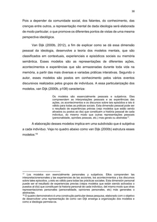 38
Pois a depender da comunidade social, dos falantes, do conhecimento, das
crenças entre outros, a representação mental de dada ideologia será elaborada
de modo particular, o que promove os diferentes pontos de vistas de uma mesma
perspectiva ideológica.
Van Dijk (2000b, 2012), a fim de explicar como se dá essa dimensão
pessoal da ideologia, desenvolve a teoria dos modelos mentais, que são
classificados em contextuais, experienciais e episódicos sociais ou memória
semântica. Esses modelos são as representações de diferentes ações,
acontecimentos e experiências que são armazenadas durante toda vida na
memória, a partir das mais diversas e variadas práticas interativas. Segundo o
autor, esses modelos são postos em conhecimento pelos vários eventos
discursivos realizados pelos grupos de indivíduos. A essa particularização dos
modelos, van Dijk (2000b, p108) caracteriza:
Os modelos são essencialmente pessoais e subjetivos. Eles
compreendem as interpretações pessoais e as experiências das
ações, os acontecimentos e os discursos sobre tais episódios e isto é
válido para todas as práticas sociais. Esta dimensão pessoal pode ser
o resultado de experiências prévias (vejo modelos que estão sendo
ativados ou postos ao dia) que constituem a história pessoal de cada
indivíduo, do mesmo modo que outras representações pessoais
(personalidade, opiniões pessoas, etc.) mas gerais ou abstratas17.
A elaboração desses modelos implica em uma subdivisão que é subjetiva
a cada indivíduo. Veja no quadro abaixo como van Dijk (2000b) estrutura esses
modelos:18
17 Los modelos son esencialmente personales y subjetivos. Ellos comprenden las
interpretacionersonales y las experiencias de las acciones, los acontecimientos y los discursos
sobre tales episodios, y esto es válido para todas las prácticas sociales. Esta dimensión personal
puede ser el resultado de experiencias previas (viejos modelos que están siendo activados o
puestos al día) que constituyen la historia personal de cada individuo, del mismo modo que otras
representaciones personales (personalidade, opiniones personales, etc) más generales o
abstractas.
18 O quadro demonstrativo é uma construção particular dessa pesquisa, elaborado com o objetivo
de desenvolver uma representação de como van Dijk enxerga a organização dos modelos e
como a ideologia permeia-os.
 