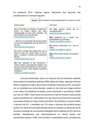 82
da campanha 2014. Vejamos alguns fragmentos dos discursos dos
presidenciáveis no exemplo seguinte.
Quadro 13 Centralidade X descentralidade [grifo e acréscimo nosso].
Como já mencionado, esse é um discurso que foi construído mediante
duas posturas orientadoras distintas (PSB cabeça de chapa, segundo momento
Rede na cabeça de chapa). Na primeira orientação conduzida por EC, é possível
ver um candidato que centra atenção e poder em torno de sua imagem política
e seu status de presidente do partido, pouco recorrendo a sua aliança a Rede
por meio do “NÓS”. Essa marca de autonomia é vista de maneira muito pontual
quando quantificamos a intensidade com que recorre ao pronome EU para falar
da proposta política da chapa Unidos pelo Brasil. Nos 26 textos, os quais contêm
o discurso de EC, o candidato usa 116 vezes o pronome de primeira pessoa
quando vai referir-se à proposta presidencial de sua aliança, ao passo que só 90
recupera a atuação de uma proposta dialogada (termo utilizado por EC) entre os
partidos. Ressalvamos que desconsideramos os termos plurais que
representava apenas o PSB, como também a coletividade social, consideramos
 