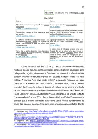 94
Quadro 18 Subcategoria nova política (grifo nosso).
Como conceitua van Dijk (2010, p. 137), o discurso é desenvolvido
mediante atos de fala, tais como afirmações para se legitimar, acusações para
delegar valor negativo, dentre outros. Diante do que fala o autor, três afirmativas
buscam legitimar o discurso-proposta de Eduardo Campos acerca da nova
política. A primeira “um novo pacto político”, a segunda “coragem de fazer
diferente” e a terceira “um novo caminho, um novo lugar, uma sociedade
inovada”. Confrontando cada uma dessas afirmativas com a própria orientação
de sua campanha vemos que o pessebista firmou aliança com o PSDB em São
Paulo (Alckmin)47 e Paraná (Beto Richa)48, com o PMDB no Rio Grande do Norte
(Henrique Alves)49, com o PT no Rio de Janeiro (Lindberg Farias)50 dentre outros
partidos que o mesmo candidato ataca como velha política e pertencente ao
grupo das raposas, mas que firma com estes uma aliança nos estados. Diante
47 Disponível em: http://www1.folha.uol.com.br/poder/2014/06/1473487-mesmo-sem-marina-
campos-diz-que-alianca-com-alckmin-uniu-psb.shtml.
48Disponível em:
http://www.paranaonline.com.br/editoria/politica/news/398853/?noticia=PRESIDENTE+DO+PS
B+CONFIRMA+ALIANCA+COM+BETO+RICHA.
49 Disponível em: http://g1.globo.com/politica/eleicoes/2014/rn/noticia/2014/07/apos-criticar-
pmdb-eduardo-campos-diz-que-respeita-alianca-no-rn.html.
50 Disponível em: http://oglobo.globo.com/brasil/alianca-entre-pt-psb-no-rio-embola-ainda-mais-
cenario-eleitoral-no-estado-12938320.
 