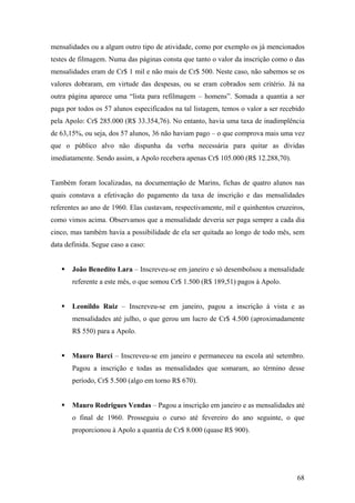 mensalidades ou a algum outro tipo de atividade, como por exemplo os já mencionados
testes de filmagem. Numa das páginas consta que tanto o valor da inscrição como o das
mensalidades eram de Cr$ 1 mil e não mais de Cr$ 500. Neste caso, não sabemos se os
valores dobraram, em virtude das despesas, ou se eram cobrados sem critério. Já na
outra página aparece uma “lista para refilmagem – homens”. Somada a quantia a ser
paga por todos os 57 alunos especificados na tal listagem, temos o valor a ser recebido
pela Apolo: Cr$ 285.000 (R$ 33.354,76). No entanto, havia uma taxa de inadimplência
de 63,15%, ou seja, dos 57 alunos, 36 não haviam pago – o que comprova mais uma vez
que o público alvo não dispunha da verba necessária para quitar as dívidas
imediatamente. Sendo assim, a Apolo recebera apenas Cr$ 105.000 (R$ 12.288,70).


Também foram localizadas, na documentação de Marins, fichas de quatro alunos nas
quais constava a efetivação do pagamento da taxa de inscrição e das mensalidades
referentes ao ano de 1960. Elas custavam, respectivamente, mil e quinhentos cruzeiros,
como vimos acima. Observamos que a mensalidade deveria ser paga sempre a cada dia
cinco, mas também havia a possibilidade de ela ser quitada ao longo de todo mês, sem
data definida. Segue caso a caso:


       João Benedito Lara – Inscreveu-se em janeiro e só desembolsou a mensalidade
       referente a este mês, o que somou Cr$ 1.500 (R$ 189,51) pagos à Apolo.


       Leonildo Ruiz – Inscreveu-se em janeiro, pagou a inscrição à vista e as
       mensalidades até julho, o que gerou um lucro de Cr$ 4.500 (aproximadamente
       R$ 550) para a Apolo.


       Mauro Barci – Inscreveu-se em janeiro e permaneceu na escola até setembro.
       Pagou a inscrição e todas as mensalidades que somaram, ao término desse
       período, Cr$ 5.500 (algo em torno R$ 670).


       Mauro Rodrigues Vendas – Pagou a inscrição em janeiro e as mensalidades até
       o final de 1960. Prosseguiu o curso até fevereiro do ano seguinte, o que
       proporcionou à Apolo a quantia de Cr$ 8.000 (quase R$ 900).




                                                                                    68
 