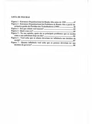 LISTA DE FIGURAS
Figura 1 - Estrutura Organizacional de Ronda Alta antes de 1989 47
Figura 2 - Estrutura Organizacional da Prefeitura de Ronda Alta a partir da
primeira gestão do Partidos dos Trabalhadores (1989) 48
Figura 3 - Em que cidade você nasceu? 85
Figura 4 - Qual a sua cor? 85
Figura 5 - Na sua opinião, quais são os principais problemas que as escolas
como a sua enfrentam hoje em dia? 86
Figura 6 - Você acha que os alunos deveriam ter influência nas decisões da
escola? 87
Figura 7 - Quanta influência você acha que as pessoas deveriam ter nas
decisões do governo? 88
 