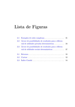 Lista de Figuras 
2.1 Exemplos de redes complexas. . . . . . . . . . . . . . . 31 
2.2 Árvore de possibilidades de resultados para o diferen-cial 
de utilidades privadas determinísticas. . . . . . . . 34 
2.3 Árvore de possibilidades de resultados para o diferen-cial 
de utilidades sociais determinísticas. . . . . . . . . 37 
3.1 Retornos . . . . . . . . . . . . . . . . . . . . . . . . . . 50 
3.2 Curtose . . . . . . . . . . . . . . . . . . . . . . . . . . 52 
3.3 Índice Caudal . . . . . . . . . . . . . . . . . . . . . . . 54 
 