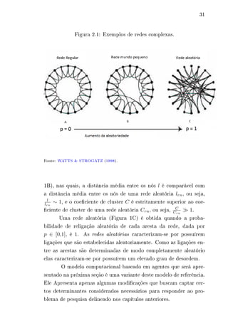 31 
Figura 2.1: Exemplos de redes complexas. 
Fonte: WATTS & STROGATZ (1998). 
1B), nas quais, a distância média entre os nós 푙 é comparável com 
a distância média entre os nós de uma rede aleatória 푙푟푛, ou seja, 
푙 
∼ 1, e o coeficiente de cluster 퐶 é estritamente superior ao coe-ficiente 
푙푟푛 
de cluster de uma rede aleatória 퐶푟푛, ou seja, 퐶 
퐶푟푛 
≫ 1. 
Uma rede aleatória (Figura 1C) é obtida quando a proba-bilidade 
de religação aleatória de cada aresta da rede, dada por 
푝 ∈ [0,1], é 1. As redes aleatórias caracterizam-se por possuírem 
ligações que são estabelecidas aleatoriamente. Como as ligações en-tre 
as arestas são determinadas de modo completamente aleatório 
elas caracterizam-se por possuírem um elevado grau de desordem. 
O modelo computacional baseado em agentes que será apre-sentado 
na próxima seção é uma variante deste modelo de referência. 
Ele Apresenta apenas algumas modificações que buscam captar cer-tos 
determinantes considerados necessários para responder ao pro-blema 
de pesquisa delineado nos capítulos anteriores. 
 