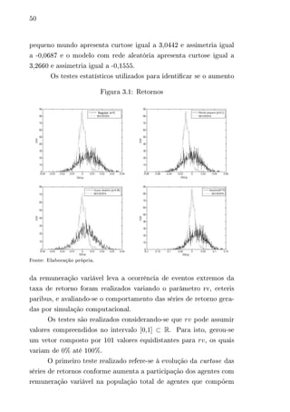 50 
pequeno mundo apresenta curtose igual a 3,0442 e assimetria igual 
a -0,0687 e o modelo com rede aleatória apresenta curtose igual a 
3,2660 e assimetria igual a -0,1555. 
Os testes estatísticos utilizados para identificar se o aumento 
Figura 3.1: Retornos 
Fonte: Elaboração própria. 
da remuneração variável leva a ocorrência de eventos extremos da 
taxa de retorno foram realizados variando o parâmetro rv, ceteris 
paribus, e avaliando-se o comportamento das séries de retorno gera-das 
por simulação computacional. 
Os testes são realizados considerando-se que 푟푣 pode assumir 
valores compreendidos no intervalo [0,1] ⊂ R. Para isto, gerou-se 
um vetor composto por 101 valores equidistantes para 푟푣, os quais 
variam de 0% até 100%. 
O primeiro teste realizado refere-se à evolução da curtose das 
séries de retornos conforme aumenta a participação dos agentes com 
remuneração variável na população total de agentes que compõem 
 