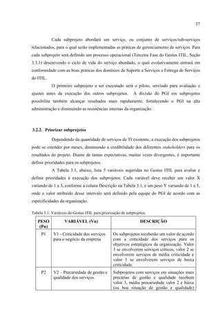 37


            Cada subprojeto abordará um serviço, ou conjunto de serviços/sub-serviços
relacionados, para o qual serão implementadas as práticas de gerenciamento de serviços. Para
cada subprojeto será definido um processo operacional (Terceira Fase do Gestus ITIL, Seção
3.3.1) descrevendo o ciclo de vida do serviço abordado, o qual evolutivamente entrará em
conformidade com as boas práticas dos domínios de Suporte a Serviços e Entrega de Serviços
do ITIL.
            O primeiro subprojeto a ser executado será o piloto, servindo para avaliação e
ajustes antes da execução dos outros subprojetos.            A divisão do PGI em subprojetos
possibilita também alcançar resultados mais rapidamente, fortalecendo o PGI na alta
administração e diminuindo as resistências internas da organização.



3.2.2. Priorizar subprojetos

            Dependendo da quantidade de serviços de TI existente, a execução dos subprojetos
pode se estender por meses, diminuindo a credibilidade dos diferentes stakeholders para os
resultados do projeto. Diante de tantas expectativas, muitas vezes divergentes, é importante
definir prioridades para os subprojetos.
            A Tabela 3.1, abaixo, lista 5 variáveis sugeridas no Gestus ITIL para avaliar e
definir prioridades à execução dos subprojetos. Cada variável deve receber um valor X
variando de 1 a 3, conforme a coluna Descrição na Tabela 3.1, e um peso Y variando de 1 a 5,
onde o valor atribuído desse intervalo será definido pela equipe do PGI de acordo com as
especificidades da organização.

Tabela 3.1; Variáveis do Gestus ITIL para priorização de subprojetos.

   PESO            VARIÁVEL (Vn)                                 DESCRIÇÃO
    (Pn)
     P1      V1 - Criticidade dos serviços       Os subprojetos receberão um valor de acordo
             para o negócio da empresa           com a criticidade dos serviços para os
                                                 objetivos estratégicos da organização. Valor
                                                 3 se envolverem serviços críticos, valor 2 se
                                                 envolverem serviços de média criticidade e
                                                 valor 1 se envolverem serviços de baixa
                                                 criticidade.
     P2      V2 – Precariedade de gestão e       Subprojetos com serviços em situações mais
             qualidade dos serviços.             precárias de gestão e qualidade recebem
                                                 valor 3, média precariedade valor 2 e baixa
                                                 (ou boa situação de gestão e qualidade)
 
