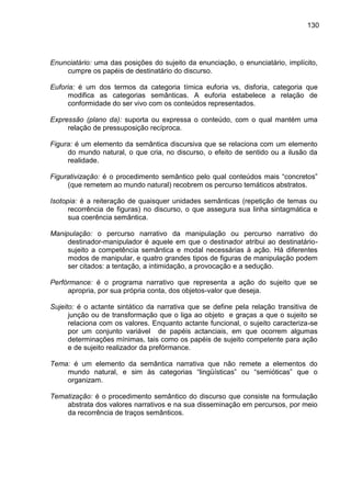 130
Enunciatário: uma das posições do sujeito da enunciação, o enunciatário, implícito,
cumpre os papéis de destinatário do discurso.
Euforia: é um dos termos da categoria tímica euforia vs, disforia, categoria que
modifica as categorias semânticas. A euforia estabelece a relação de
conformidade do ser vivo com os conteúdos representados.
Expressão (plano da): suporta ou expressa o conteúdo, com o qual mantém uma
relação de pressuposição recíproca.
Figura: é um elemento da semântica discursiva que se relaciona com um elemento
do mundo natural, o que cria, no discurso, o efeito de sentido ou a ilusão da
realidade.
Figurativização: é o procedimento semântico pelo qual conteúdos mais “concretos”
(que remetem ao mundo natural) recobrem os percurso temáticos abstratos.
Isotopia: é a reiteração de quaisquer unidades semânticas (repetição de temas ou
recorrência de figuras) no discurso, o que assegura sua linha sintagmática e
sua coerência semântica.
Manipulação: o percurso narrativo da manipulação ou percurso narrativo do
destinador-manipulador é aquele em que o destinador atribui ao destinatário-
sujeito a competência semântica e modal necessárias à ação. Há diferentes
modos de manipular, e quatro grandes tipos de figuras de manipulação podem
ser citados: a tentação, a intimidação, a provocação e a sedução.
Perfórmance: é o programa narrativo que representa a ação do sujeito que se
apropria, por sua própria conta, dos objetos-valor que deseja.
Sujeito: é o actante sintático da narrativa que se define pela relação transitiva de
junção ou de transformação que o liga ao objeto e graças a que o sujeito se
relaciona com os valores. Enquanto actante funcional, o sujeito caracteriza-se
por um conjunto variável de papéis actanciais, em que ocorrem algumas
determinações mínimas, tais como os papéis de sujeito competente para ação
e de sujeito realizador da prefórmance.
Tema: é um elemento da semântica narrativa que não remete a elementos do
mundo natural, e sim às categorias “lingüísticas” ou “semióticas” que o
organizam.
Tematização: é o procedimento semântico do discurso que consiste na formulação
abstrata dos valores narrativos e na sua disseminação em percursos, por meio
da recorrência de traços semânticos.
 