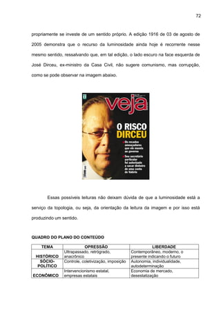 72
propriamente se investe de um sentido próprio. A edição 1916 de 03 de agosto de
2005 demonstra que o recurso da luminosidade ainda hoje é recorrente nesse
mesmo sentido, ressalvando que, em tal edição, o lado escuro na face esquerda de
José Dirceu, ex-ministro da Casa Civil, não sugere comunismo, mas corrupção,
como se pode observar na imagem abaixo.
Essas possíveis leituras não deixam dúvida de que a luminosidade está a
serviço da topologia, ou seja, da orientação da leitura da imagem e por isso está
produzindo um sentido.
QUADRO DO PLANO DO CONTEÚDO
TEMA OPRESSÃO LIBERDADE
HISTÓRICO
Ultrapassado, retrógrado,
anacrônico
Contemporâneo, moderno, o
presente indicando o futuro
SÓCIO-
POLÍTICO
Controle, coletivização, imposição Autonomia, individualidade,
autodeterminação
ECONÔMICO
Intervencionismo estatal,
empresas estatais
Economia de mercado,
desestatização
 