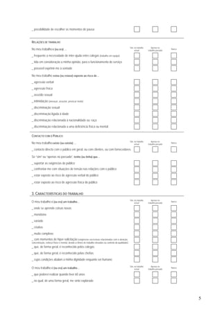 5
_ possibilidade de escolher os momentos de pausa
RELAÇÕES DE TRABALHO
No meu trabalho é (ou era) …
Sim, no trabalho
actual
Apenas no
trabalho passado
Nunca
_ frequente a necessidade de inter-ajuda entre colegas (trabalho em equipa)
_ tida em consideração a minha opinião, para o funcionamento do serviço
_ possível exprimir-me à vontade
No meu trabalho estou (ou estava) exposto ao risco de…
_ agressão verbal
_ agressão física
_ assédio sexual
_ intimidação (ameaçar, assustar, provocar medo)
_ discriminação sexual
_ discriminação ligada à idade
_ discriminação relacionada à nacionalidade ou raça
_ discriminação relacionada a uma deficiência física ou mental
CONTACTO COM O PÚBLICO
No meu trabalho existe (ou existia) …
Sim, no trabalho
actual
Apenas no
trabalho passado
Nunca
_ contacto directo com o público em geral, ou com clientes, ou com fornecedores
Se “sim” ou “apenas no passado”, tenho (ou tinha) que…
_ suportar as exigências do público
_ confrontar-me com situações de tensão nas relações com o público
_ estar exposto ao risco de agressão verbal do público
_ estar exposto ao risco de agressão física do público
3. CARACTERÍSTICAS DO TRABALHO
O meu trabalho é (ou era) um trabalho…
Sim, no trabalho
actual
Apenas no
trabalho passado
Nunca
_ onde se aprende coisas novas
_ monótono
_ variado
_ criativo
_ muito complexo
_ com momentos de hiper-solicitação (exigências excessivas relacionadas com a atenção,
concentração, esforço físico e mental, devido a ritmos de trabalho elevados ou controlo da qualidade)
_ que, de forma geral, é reconhecido pelos colegas
_ que, de forma geral, é reconhecido pelas chefias
_ cujas condições abalam a minha dignidade enquanto ser humano
O meu trabalho é (ou era) um trabalho…
Sim, no trabalho
actual
Apenas no
trabalho passado
Nunca
_ que poderei realizar quando tiver 60 anos
_ no qual, de uma forma geral, me sinto explorado
 
