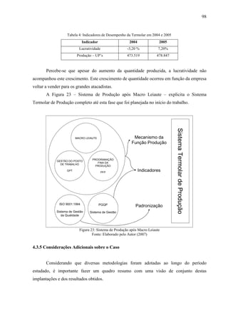 98


                   Tabela 4: Indicadores de Desempenho da Termolar em 2004 e 2005
                              Indicador                  2004              2005
                           Lucratividade                -3,20 %            7,20%
                          Produção – UP’s               473.519           478.847



       Percebe-se que apesar do aumento da quantidade produzida, a lucratividade não
acompanhou este crescimento. Este crescimento de quantidade ocorreu em função da empresa
voltar a vender para os grandes atacadistas.
       A Figura 23 – Sistema de Produção após Macro Leiaute – explicita o Sistema
Termolar de Produção completo até esta fase que foi planejada no início do trabalho.




                                                                                    Sistema Termolar de Produção
                         MACRO LEIAUTE                     Mecanismo da
                                                          Função Produção


                                   PROGRAMAÇÃO
             GESTÃO DO POSTO
                                      FINA DA
               DE TRABALHO
                                     PRODUÇÃO
                   GPT
                                           PFP
                                                                Indicadores




              ISO 9001:1994               PGQP               Padronização
             Sistema de Gestão    Sistema de Gestão
                da Qualidade



                           Figura 23: Sistema de Produção após Macro Leiaute
                                   Fonte: Elaborado pelo Autor (2007)


4.3.5 Considerações Adicionais sobre o Caso


       Considerando que diversas metodologias foram adotadas ao longo do período
estudado, é importante fazer um quadro resumo com uma visão de conjunto destas
implantações e dos resultados obtidos.
 