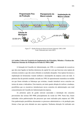 101



           Programação Fina                  Planejamento do              Implantação do
           da Produção                       Macro Leiaute                Macro Leiaute




         Células de
         Montagem
                                                                   45.000 UP’s

32.000 UP’s




                    Figura 27 – Quadro Resumo do Desenvolvimento Industrial: 2002 à 2005
                                     Fonte: Elaborador pelo Autor (2007)




4.4 Análise Crítica da Trajetória de Implantação dos Princípios, Métodos e Técnicas dos
Modernos Sistemas de Produção no Período de 1998 à 2006

       A formação do Conselho de Administração, em 1998, e a contratação de executivos
que não eram ligados às familias detentoras do capital fez com que houvesse uma ruptura da
estrutura existente e que não estava obtendo os resultados desejados. Esta ruptura favoreceu a
implantação de ferramentas visando melhorar o desempenho da empresa como um todo. A
primeira fase do período estudado, iniciada em 1998, foi aparentemente traumática na medida
em que foram retiradas as lideranças que existiam, visando introduzir novos conceitos em
termos de metas e indicadores. Esta maneira, um tanto quanto abrupta de realizar a mudança,
possibilitou que os executivos introduzissem novos conceitos de administração com total
conscentimento do Conselho de Administração da empresa.
       As primeiras ações de gestão estavam associadas a introdução dos conceitos
provenientes das normas ISO 9000, principalmente da versão de 1994. Nesta fase, foram
realizadas várias padronizações dos processos que eram realizados pela empresa até 1998.
Esta padronização possibilitou documentar os processos administrativos e de produção para
formar a base que seria alterada nos anos seguintes. Nenhuma alteração foi realizada sem
 
