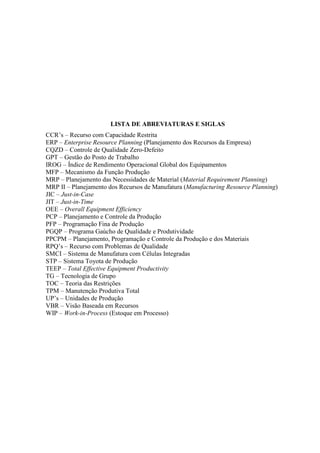 LISTA DE ABREVIATURAS E SIGLAS
CCR’s – Recurso com Capacidade Restrita
ERP – Enterprise Resource Planning (Planejamento dos Recursos da Empresa)
CQZD – Controle de Qualidade Zero-Defeito
GPT – Gestão do Posto de Trabalho
IROG – Índice de Rendimento Operacional Global dos Equipamentos
MFP – Mecanismo da Função Produção
MRP – Planejamento das Necessidades de Material (Material Requirement Planning)
MRP II – Planejamento dos Recursos de Manufatura (Manufacturing Resource Planning)
JIC – Just-in-Case
JIT – Just-in-Time
OEE – Overall Equipment Efficiency
PCP – Planejamento e Controle da Produção
PFP – Programação Fina de Produção
PGQP – Programa Gaúcho de Qualidade e Produtividade
PPCPM – Planejamento, Programação e Controle da Produção e dos Materiais
RPQ’s – Recurso com Problemas de Qualidade
SMCI – Sistema de Manufatura com Células Integradas
STP – Sistema Toyota de Produção
TEEP – Total Effective Equipment Productivity
TG – Tecnologia de Grupo
TOC – Teoria das Restrições
TPM – Manutenção Produtiva Total
UP’s – Unidades de Produção
VBR – Visão Baseada em Recursos
WIP – Work-in-Process (Estoque em Processo)
 