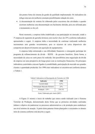 75



       dos pontos fortes do sistema de gestão da qualidade implementado. Os indicadores de
       refugo estavam em melhoria constante possibilitando redução de custo.
   •   A documentação do sistema foi elaborada pelos executores das atividades e quando
       ocorriam melhorias esta documentação era facilmente alterada, pois era utilizada para
       o treinamento on the job.


       Neste momento, a empresa tinha estabilizada a sua participação no mercado, sendo a
3ª empresa do segmento de garrafas térmicas com market share de 25% conforme indicadores
apresentados a seguir. A empresa tinha a necessidade de continuar realizando melhorias
incrementais sem grandes investimentos, pois os recursos de caixa disponíveis não
comportavam desenvolvimentos em aquisição de equipamentos.
       A empresa tinha estruturada a sua dificuldade financeira e conseguido participar do
programa de refinanciamento da dívida – REFIS – do governo brasileiro. Desta forma, a
necessidade de caixa no curto prazo foi reduzida. Isto possibilitou uma negociação da dívida
da empresa em uma perspectiva de longo prazo com as instituições financeiras. Os principais
indicadores controlados estavam ligados à contabilidade, participação de mercado nos grandes
clientes e quantidade produzida. Em 1998 estes indicadores se encontravam conforme destaca
o Tabela 1.


                      Tabela3: Indicadores de Desempenho da Termolar em 1998
                                    Indicador                   1998
                                   Lucratividade                0,5%
                          Participação Mercado (Nielsen)        25%
                                Produção – UP’s               256.152

                                Fonte: Elaborado pelo Autor (2007).


       A Figura 11 mostra o início do trabalho que estava sendo realizado com o Sistema
Termolar de Produção, demonstrando desta forma que as primeiras atividades realizadas
tinham o objetivo de padronizar os processos administrativos e de produção para estabelecer
um nível mínimo de atuação. A partir deste patamar foram planejados e executados os demais
itens do sistema conforme está descrito a seguir.
 