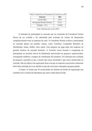 80


                      Tabela 4: Indicadores de Desempenho da Termolar em 2001
                                    Indicador                    2001
                                  Lucratividade                  2,20%
                          Participação Mercado (Nielsen)         25,2%
                                 Produção – UP’s                374.404

                                 Fonte: Elaborado pelo Autor (2007).


       O indicador de participação no mercado que era contratado da Consultoria Nielsen
deixou de ser avaliado e foi substituído pela avaliação do volume de faturamento
comparativamente entre as empresas do setor. A Consultoria Nielsen avaliava a participação
no mercado apenas nos grandes varejos, como: Carrefour, Companhia Brasileira de
Distribuição, Sonae, Zaffari, entre outras. Esta pesquisa era paga pelas três empresas de
garrafas térmicas do mercado brasileiro. A Termolar estava fazendo a recuperação da
participação no mercado através da distribuição pulverizada nos pequenos supermercados,
conseguindo melhorar a margem de contribuição dos produtos. Foi realizada uma avaliação
da pesquisa e percebeu-se que a mesma não estava mostrando o que estava acontecendo no
mercado. Não era objetivo da organização fazer com que as empresas concorrentes soubessem
desta tática utilizada, por isso, decidiu-se que não seria mais contratada a pesquisa padrão.
       A Figura 13 mostra que foi acrescentado um Sistema de Gestão da organização que
contribui com o sistema de indicadores que estava sendo desenvolvido.
 