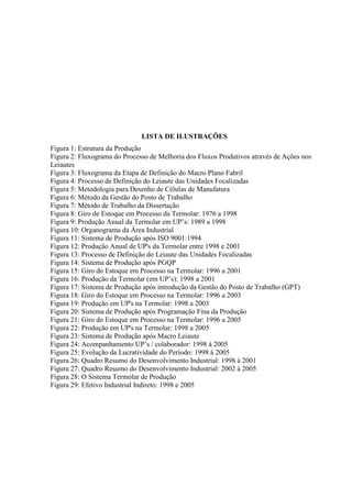 LISTA DE ILUSTRAÇÕES
Figura 1: Estrutura da Produção
Figura 2: Fluxograma do Processo de Melhoria dos Fluxos Produtivos através de Ações nos
Leiautes
Figura 3: Fluxograma da Etapa de Definição do Macro Plano Fabril
Figura 4: Processo de Definição do Leiaute das Unidades Focalizadas
Figura 5: Metodologia para Desenho de Células de Manufatura
Figura 6: Método da Gestão do Posto de Trabalho
Figura 7: Método de Trabalho da Dissertação
Figura 8: Giro de Estoque em Processo da Termolar: 1976 a 1998
Figura 9: Produção Anual da Termolar em UP’s: 1989 a 1998
Figura 10: Organograma da Área Industrial
Figura 11: Sistema de Produção após ISO 9001:1994
Figura 12: Produção Anual de UP's da Termolar entre 1998 e 2001
Figura 13: Processo de Definição do Leiaute das Unidades Focalizadas
Figura 14: Sistema de Produção após PGQP
Figura 15: Giro do Estoque em Processo na Termolar: 1996 a 2001
Figura 16: Produção da Termolar (em UP’s): 1998 a 2001
Figura 17: Sistema de Produção após introdução da Gestão do Posto de Trabalho (GPT)
Figura 18: Giro do Estoque em Processo na Termolar: 1996 a 2003
Figura 19: Produção em UP's na Termolar: 1998 a 2003
Figura 20: Sistema de Produção após Programação Fina da Produção
Figura 21: Giro do Estoque em Processo na Termolar: 1996 a 2005
Figura 22: Produção em UP's na Termolar: 1998 a 2005
Figura 23: Sistema de Produção após Macro Leiaute
Figura 24: Acompanhamento UP’s / colaborador: 1998 à 2005
Figura 25: Evolução da Lucratividade do Período: 1998 à 2005
Figura 26: Quadro Resumo do Desenvolvimento Industrial: 1998 à 2001
Figura 27: Quadro Resumo do Desenvolvimento Industrial: 2002 à 2005
Figura 28: O Sistema Termolar de Produção
Figura 29: Efetivo Industrial Indireto: 1998 e 2005
 