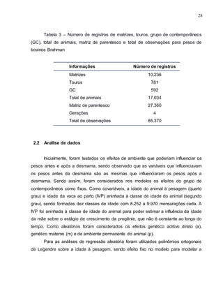 28
Tabela 3 – Número de registros de matrizes, touros, grupo de contemporâneos
(GC), total de animais, matriz de parentesco e total de observações para pesos de
bovinos Brahman
Informações Número de registros
Matrizes 10.236
Touros 781
GC 592
Total de animais 17.034
Matriz de parentesco 27.360
Gerações 4
Total de observações 85.370
2.2 Análise de dados
Inicialmente, foram testados os efeitos de ambiente que poderiam influenciar os
pesos antes e após a desmama, sendo observado que as variáveis que influenciavam
os pesos antes da desmama são as mesmas que influenciaram os pesos após a
desmama. Sendo assim, foram considerados nos modelos os efeitos do grupo de
contemporâneos como fixos. Como covariáveis, a idade do animal à pesagem (quarto
grau) e idade da vaca ao parto (IVP) aninhada à classe de idade do animal (segundo
grau), sendo formadas dez classes de idade com 8.252 a 9.970 mensurações cada. A
IVP foi aninhada à classe de idade do animal para poder estimar a influência da idade
da mãe sobre o estágio de crescimento da progênie, que não é constante ao longo do
tempo. Como aleatórios foram considerados os efeitos genético aditivo direto (a),
genético materno (m) e de ambiente permanente do animal (p).
Para as análises de regressão aleatória foram utilizados polinômios ortogonais
de Legendre sobre a idade à pesagem, sendo efeito fixo no modelo para modelar a
 