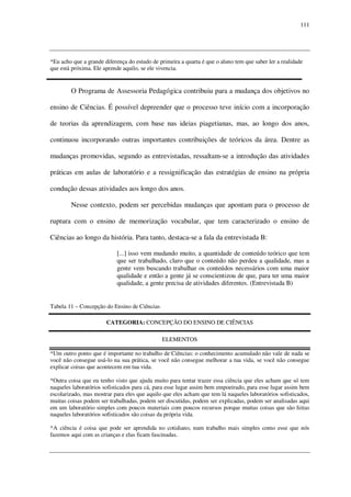111

*Eu acho que a grande diferença do estudo de primeira a quarta é que o aluno tem que saber ler a realidade
que está próxima. Ele aprende aquilo, se ele vivencia.

O Programa de Assessoria Pedagógica contribuiu para a mudança dos objetivos no
ensino de Ciências. É possível depreender que o processo teve início com a incorporação
de teorias da aprendizagem, com base nas ideias piagetianas, mas, ao longo dos anos,
continuou incorporando outras importantes contribuições de teóricos da área. Dentre as
mudanças promovidas, segundo as entrevistadas, ressaltam-se a introdução das atividades
práticas em aulas de laboratório e a ressignificação das estratégias de ensino na própria
condução dessas atividades aos longo dos anos.
Nesse contexto, podem ser percebidas mudanças que apontam para o processo de
ruptura com o ensino de memorização vocabular, que tem caracterizado o ensino de
Ciências ao longo da história. Para tanto, destaca-se a fala da entrevistada B:
[...] isso vem mudando muito, a quantidade de conteúdo teórico que tem
que ser trabalhado, claro que o conteúdo não perdeu a qualidade, mas a
gente vem buscando trabalhar os conteúdos necessários com uma maior
qualidade e então a gente já se conscientizou de que, para ter uma maior
qualidade, a gente precisa de atividades diferentes. (Entrevistada B)
Tabela 11 – Concepção do Ensino de Ciências
CATEGORIA: CONCEPÇÃO DO ENSINO DE CIÊNCIAS
ELEMENTOS
*Um outro ponto que é importante no trabalho de Ciências: o conhecimento acumulado não vale de nada se
você não consegue usá-lo na sua prática, se você não consegue melhorar a tua vida, se você não consegue
explicar coisas que acontecem em tua vida.
*Outra coisa que eu tenho visto que ajuda muito para tentar trazer essa ciência que eles acham que só tem
naqueles laboratórios sofisticados para cá, para esse lugar assim bem empoeirado, para esse lugar assim bem
escolarizado, mas mostrar para eles que aquilo que eles acham que tem lá naqueles laboratórios sofisticados,
muitas coisas podem ser trabalhadas, podem ser discutidas, podem ser explicadas, podem ser analisadas aqui
em um laboratório simples com poucos materiais com poucos recursos porque muitas coisas que são feitas
naqueles laboratórios sofisticados são coisas da própria vida.
*A ciência é coisa que pode ser aprendida no cotidiano, num trabalho mais simples como esse que nós
fazemos aqui com as crianças e elas ficam fascinadas.

 