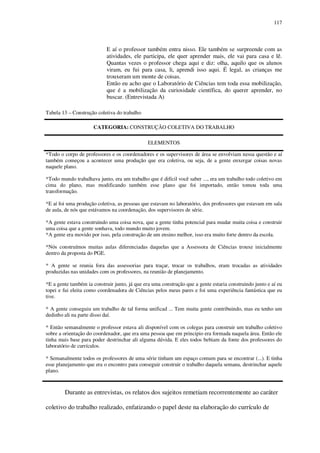 117

E aí o professor também entra nisso. Ele também se surpreende com as
atividades, ele participa, ele quer aprender mais, ele vai para casa e lê.
Quantas vezes o professor chega aqui e diz: olha, aquilo que os alunos
viram, eu fui para casa, li, aprendi isso aqui. É legal, as crianças me
trouxeram um monte de coisas.
Então eu acho que o Laboratório de Ciências tem toda essa mobilização,
que é a mobilização da curiosidade científica, do querer aprender, no
buscar. (Entrevistada A)
Tabela 13 – Construção coletiva do trabalho
CATEGORIA: CONSTRUÇÃO COLETIVA DO TRABALHO
ELEMENTOS
*Todo o corpo de professores e os coordenadores e os supervisores de área se envolviam nessa questão e aí
também começou a acontecer uma produção que era coletiva, ou seja, de a gente enxergar coisas novas
naquele plano.
*Todo mundo trabalhava junto, era um trabalho que é difícil você saber ..., era um trabalho todo coletivo em
cima do plano, mas modificando também esse plano que foi importado, então tomou toda uma
transformação.
*E aí foi uma produção coletiva, as pessoas que estavam no laboratório, dos professores que estavam em sala
de aula, de nós que estávamos na coordenação, dos supervisores de série.
*A gente estava construindo uma coisa nova, que a gente tinha potencial para mudar muita coisa e construir
uma coisa que a gente sonhava, todo mundo muito jovem.
*A gente era movido por isso, pela construção de um ensino melhor, isso era muito forte dentro da escola.
*Nós construímos muitas aulas diferenciadas daquelas que a Assessora de Ciências trouxe inicialmente
dentro da proposta do PGE.
* A gente se reunia fora das assessorias para traçar, trocar os trabalhos, eram trocadas as atividades
produzidas nas unidades com os professores, na reunião de planejamento.
*E a gente também ia construir junto, já que era uma construção que a gente estaria construindo junto e aí eu
topei e fui eleita como coordenadora de Ciências pelos meus pares e foi uma experiência fantástica que eu
tive.
* A gente conseguiu um trabalho de tal forma unificad ... Tem muita gente contribuindo, mas eu tenho um
dedinho ali na parte disso daí.
* Então semanalmente o professor estava ali disponível com os colegas para construir um trabalho coletivo
sobre a orientação do coordenador, que era uma pessoa que em principio era formada naquela área. Então ele
tinha mais base para poder destrinchar ali alguma dúvida. E eles todos bebiam da fonte dos professores do
laboratório de currículos.
* Semanalmente todos os professores de uma série tinham um espaço comum para se encontrar (...). E tinha
esse planejamento que era o encontro para conseguir construir o trabalho daquela semana, destrinchar aquele
plano.

Durante as entrevistas, os relatos dos sujeitos remetiam recorrentemente ao caráter
coletivo do trabalho realizado, enfatizando o papel deste na elaboração do currículo de

 