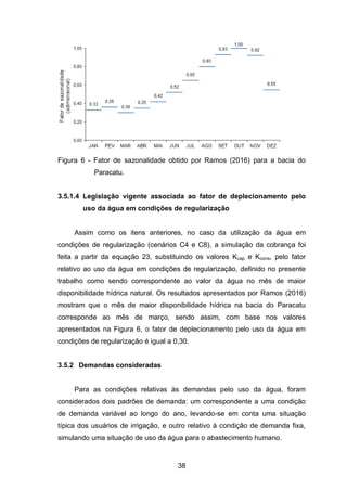 38
Figura 6 - Fator de sazonalidade obtido por Ramos (2016) para a bacia do
Paracatu.
3.5.1.4 Legislação vigente associada ao fator de deplecionamento pelo
uso da água em condições de regularização
Assim como os itens anteriores, no caso da utilização da água em
condições de regularização (cenários C4 e C8), a simulação da cobrança foi
feita a partir da equação 23, substituindo os valores Kcap e Kcons, pelo fator
relativo ao uso da água em condições de regularização, definido no presente
trabalho como sendo correspondente ao valor da água no mês de maior
disponibilidade hídrica natural. Os resultados apresentados por Ramos (2016)
mostram que o mês de maior disponibilidade hídrica na bacia do Paracatu
corresponde ao mês de março, sendo assim, com base nos valores
apresentados na Figura 6, o fator de deplecionamento pelo uso da água em
condições de regularização é igual a 0,30.
3.5.2 Demandas consideradas
Para as condições relativas às demandas pelo uso da água, foram
considerados dois padrões de demanda: um correspondente a uma condição
de demanda variável ao longo do ano, levando-se em conta uma situação
típica dos usuários de irrigação, e outro relativo à condição de demanda fixa,
simulando uma situação de uso da água para o abastecimento humano.
 